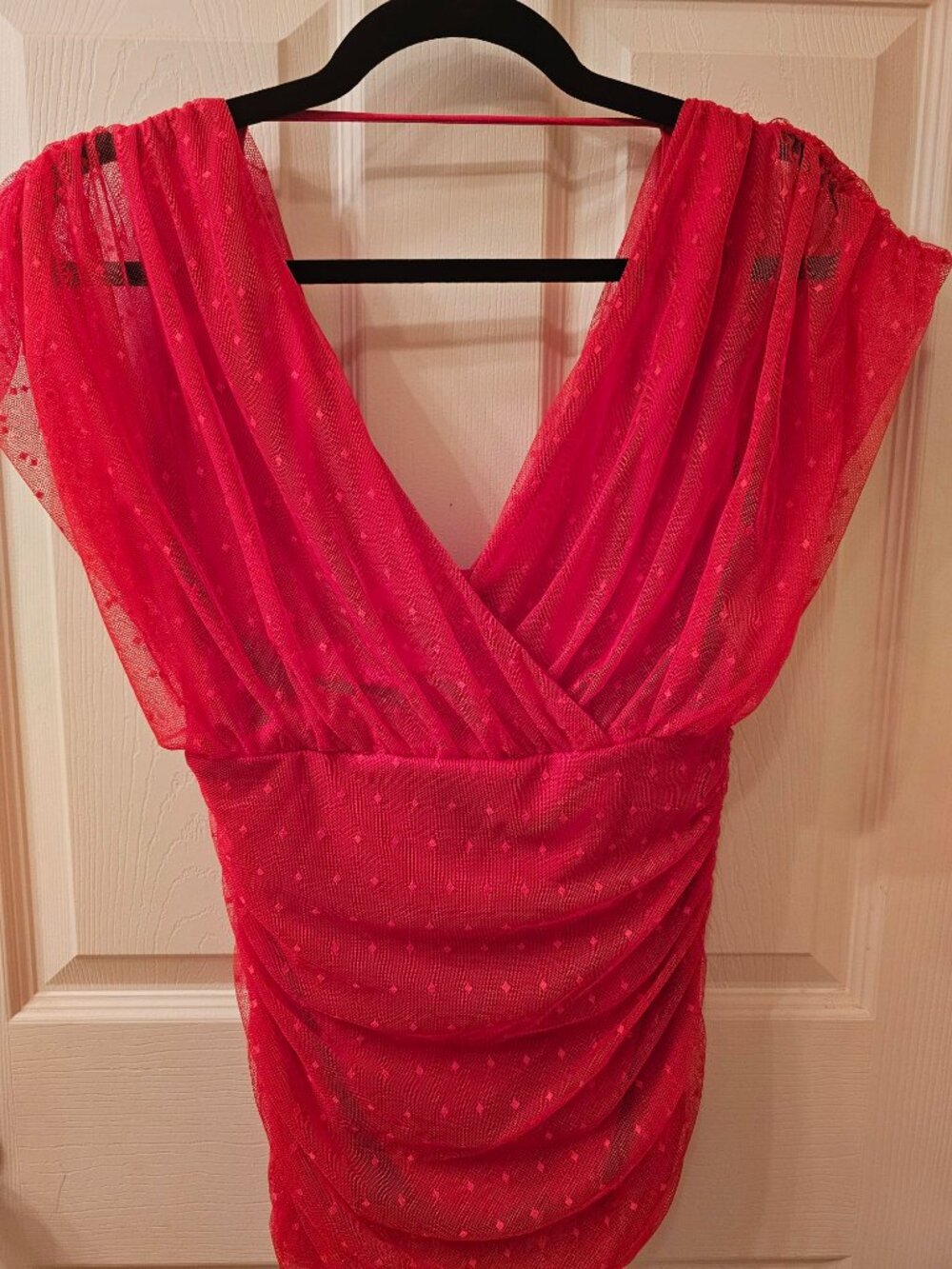 Boston Proper Small Red Short Sleeved Blouse w / Lace and Red Underlining
